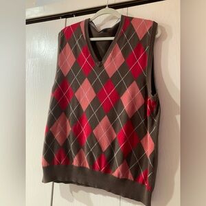 Lands' End Men's V-Neck Argyle Sweater Vest - Red and Brown